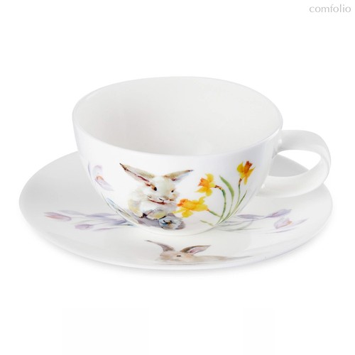 Чашка чайная с блюдцем Mix&Match Синергия Пасхальный кролик 250 мл, белый декор, фарфор костяной - Mix&Match