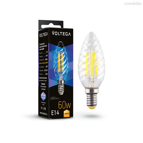 Светодиодная лампа филамент свеча витая 6Вт 3000K E14 340° - Voltega