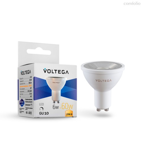 Светодиодная лампа MR16 6Вт 2700K GU10 38° диммируемая - Voltega