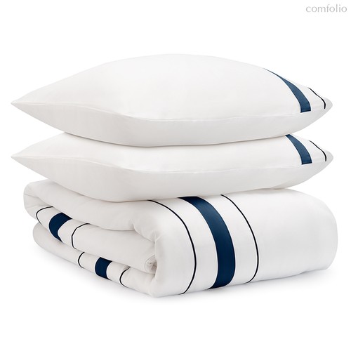 Комплект постельного белья из сатина белого цвета с темно-синим кантом из коллекции Essential, 200х220 см - Tkano