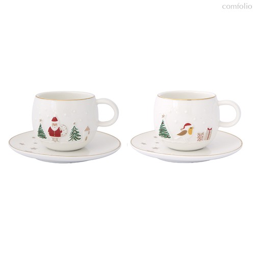 Набор кофейных чашек с блюдцем Let it snow, Santa & Bird, 120 мл, 2 шт. - Easy life