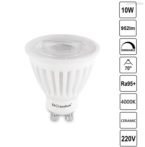 LED лампа CERAMIC 10W, 4000K, 952Лм, Ra95, 70°, GU10, MR16, DIM TRIACK, D50xH53мм, белый, 175-265В, Серия: DL18295 - Donolux