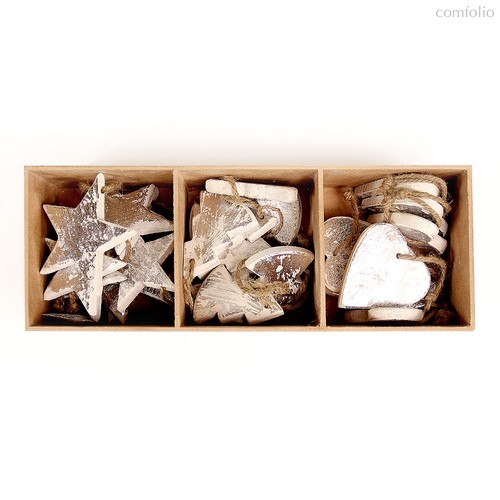 Украшения подвесные Silver Stars/Trees/Hearts, деревянные, в подарочной коробке, 24 шт. - EnjoyMe
