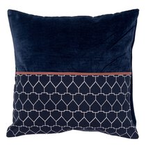 Чехол на подушку из хлопкового бархата с геометрическим принтом темно-синего цвета из коллекции Ethnic, 45х45 см - Tkano