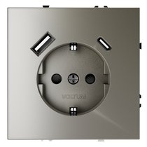 Розетка встраиваемая VOLTUM S70 с заземлением и защитными шторками, 16А, с USB, A+С, (шелк) - Voltum