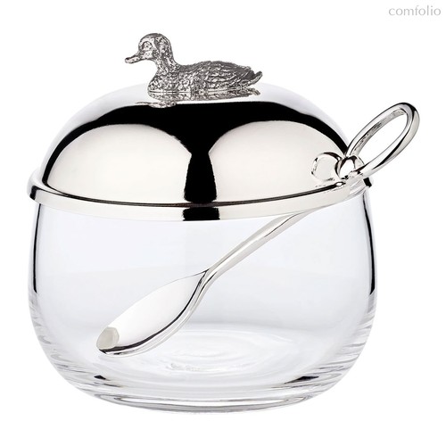 Банка для меда с ложкой Edzard Уточка 320 г, d9хh10 см, посеребрение, стекло - Edzard