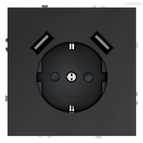 Розетка встраиваемая VOLTUM S70 с заземлением и защитными шторками, 16А, с USB, A+A, (графит) - Voltum