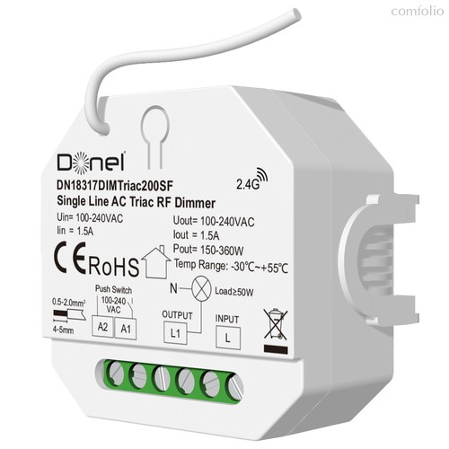 Triac Диммер RF+Push, AC 230В без подключения нейтрали, LED 200Вт, Push-Dim, серия:DDIM - Donel