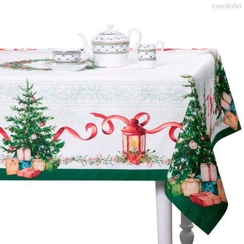 Скатерть прямоугольная Mix&Match Home Елочка 168х450 см, хлопок, белая с принтом - Mix&Match