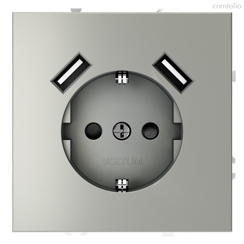 Розетка встраиваемая VOLTUM S70 с заземлением и защитными шторками, 16А, с USB, A+A, (сталь) - Voltum