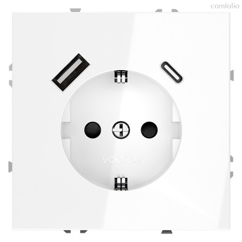 Розетка встраиваемая VOLTUM S70 с заземлением и защитными шторками, 16А, с USB, A+С, (белый глянцевы - Voltum