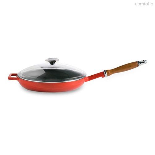 Сковорода с крышкой LAVA d28 см, 2,3 л, деревянная ручка, чугун, красная - Lava