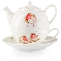Набор Эгоист Royal Worcester "Забавная фауна","Малиновка" (чайник и чашка с блюдцем), 300мл, костяно - Royal Worcester