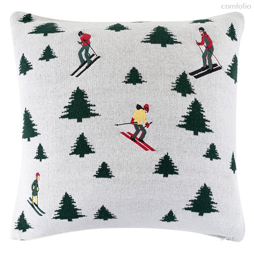 Подушка вязаная с новогодним рисунком Лыжники из коллекции New Year Essential, 45x45 см - Tkano