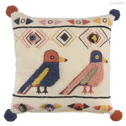 Чехол на подушку в этническом стиле с помпонами и вышивкой Птицы из коллекции Ethnic, 45х45 см, 45x45 - Tkano
