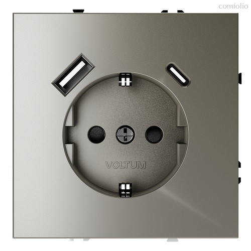 Розетка встраиваемая VOLTUM S70 с заземлением и защитными шторками, 16А, с USB, A+С, (шелк) - Voltum