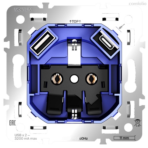 Механизм розетки с заземлением и защитными шторками 16А, с USB A+C, S70 - Voltum