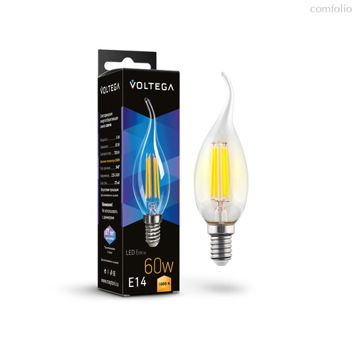 Светодиодная лампа филамент свеча на ветру 6Вт 3000K E14 340° - Voltega