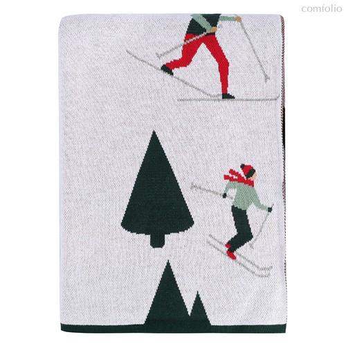 Плед из хлопка с новогодним рисунком Let's Ski из коллекции New Year Essential, 130x180 см - Tkano