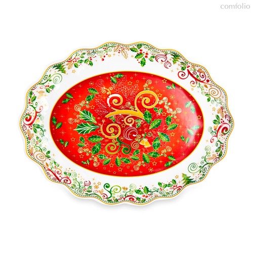 Блюдо овальное Lamart Palais Royal Рождественская Омела 28х22 см, борт волна, фарфор - Lamart