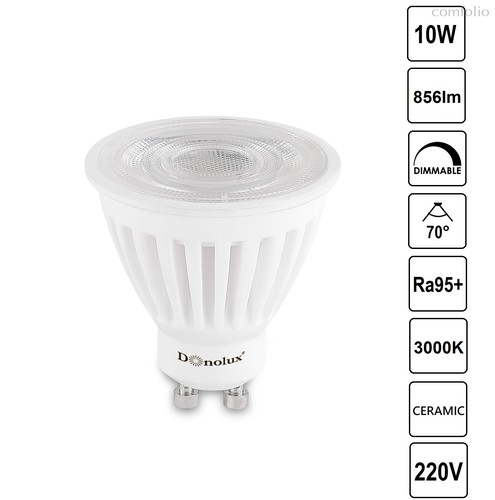 LED лампа CERAMIC 10W, 3000K, 856Лм, Ra95, 70°, GU10, MR16, DIM TRIACK, D50xH53мм, белый, 175-265В, Серия: DL18295 - Donolux