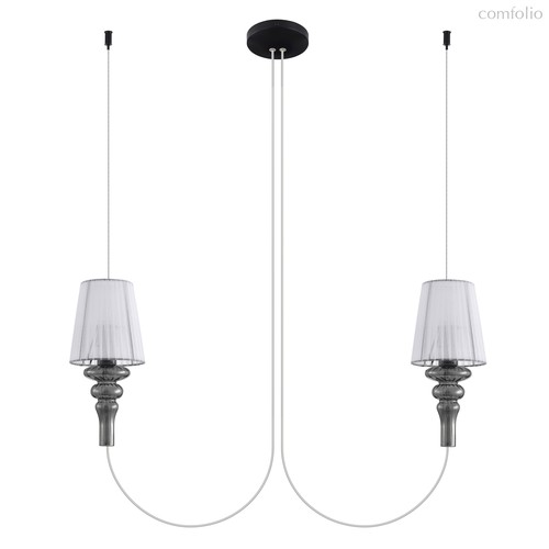 CASCATA, подвес, AC220В, 2хЕ14 40Вт макс., абажур из органзы белый, арматура шлифованный черный, стекло дымчатое, , D160x170 мм, , трос 1200 мм, прозрачный провод 2000 мм - Donolux