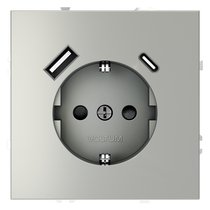 Розетка встраиваемая VOLTUM S70 с заземлением и защитными шторками, 16А, с USB, A+С, (сталь) - Voltum