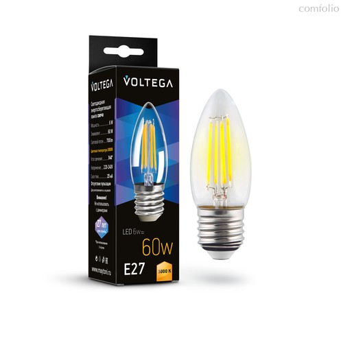 Светодиодная лампа филамент свеча 6Вт 3000K E27 340° - Voltega