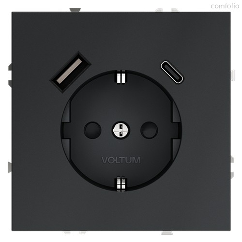Розетка встраиваемая VOLTUM S70 с заземлением и защитными шторками, 16А, с USB, A+С, (графит) - Voltum