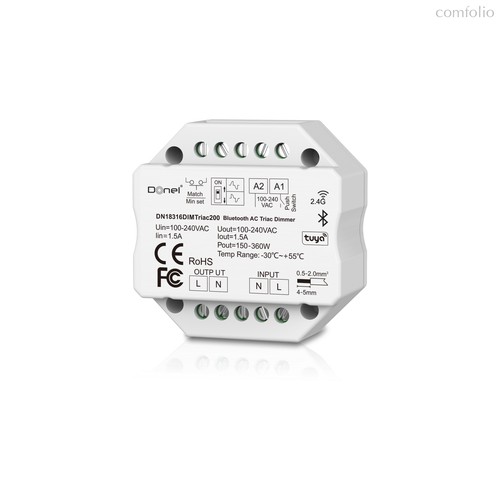 Triac Диммер BT+RF+Push, AC 230В 1 канал.1.5А, макс.мощность LED 200Вт, Push-Dim, серия:DDIM - Donel