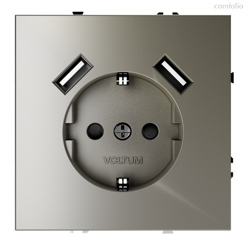 Розетка встраиваемая VOLTUM S70 с заземлением и защитными шторками, 16А, с USB, A+A, (шелк) - Voltum