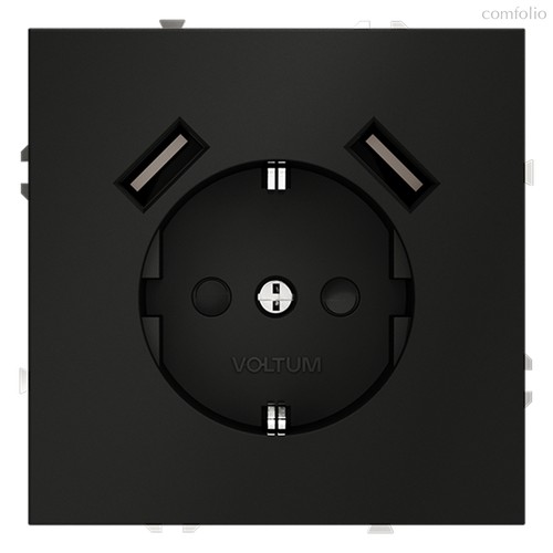 Розетка встраиваемая VOLTUM S70 с заземлением и защитными шторками, 16А, с USB, A+A, (черный матовый - Voltum