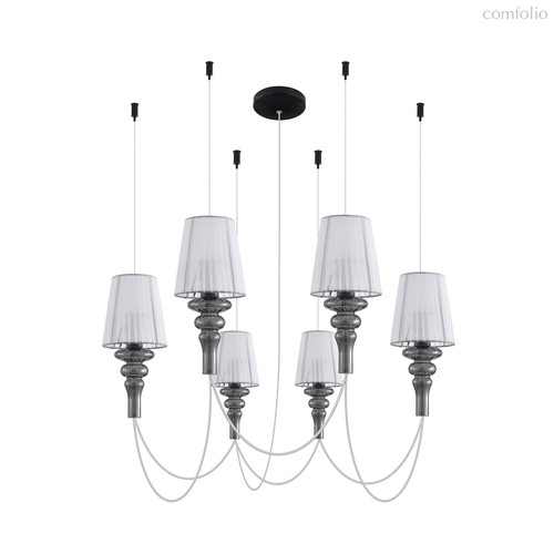 CASCATA, подвес, AC220В, 6хЕ14 40Вт макс., абажур из органзы белый, арматура шлифованный черный, стекло дымчатое, , D160x170 мм, , трос 1200 мм, прозрачный провод 2000 мм - Donolux