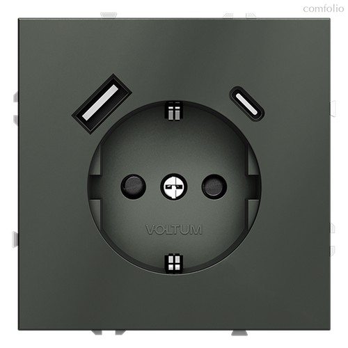 Розетка встраиваемая VOLTUM S70 с заземлением и защитными шторками, 16А, с USB, A+С, (титан) - Voltum