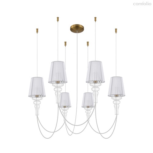 CASCATA, подвес, AC220В, 6хЕ14 40Вт макс., абажур из органзы белый, арматура латунь, стекло прозрачное, D160x170 мм, трос 1200 мм, прозрачный провод 2000 мм - Donolux