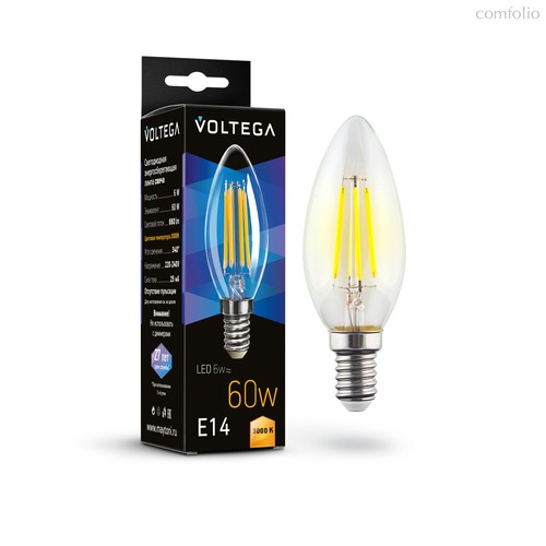Светодиодная лампа филамент свеча 6Вт 3000K E14 340° - Voltega